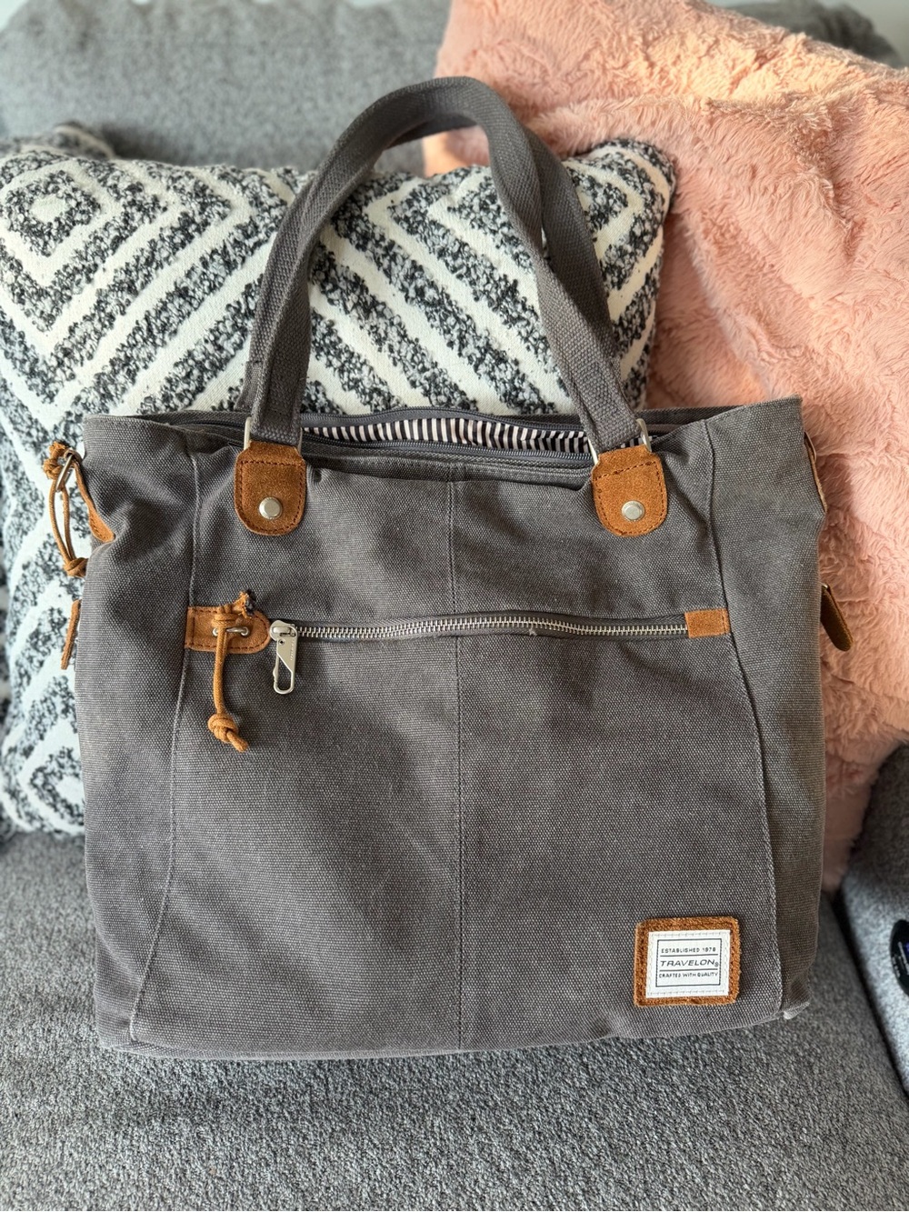 Travelon Anti-Theft Gray Canvas Tote with Tan Accents
